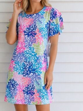 Lulu B Cha Cha Sleeve Dress XL Coral Reef Print Resort NWT